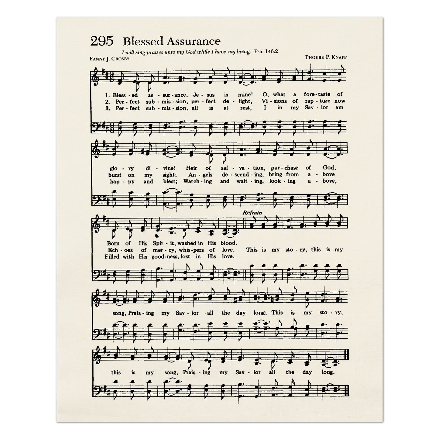 Blessed Assurance - Religious Fabric, Christian, Hymn Wall Art, Vintage Sheet Music, Quilting, Quilt, Cotton, Sewing, Cotton, Canvas