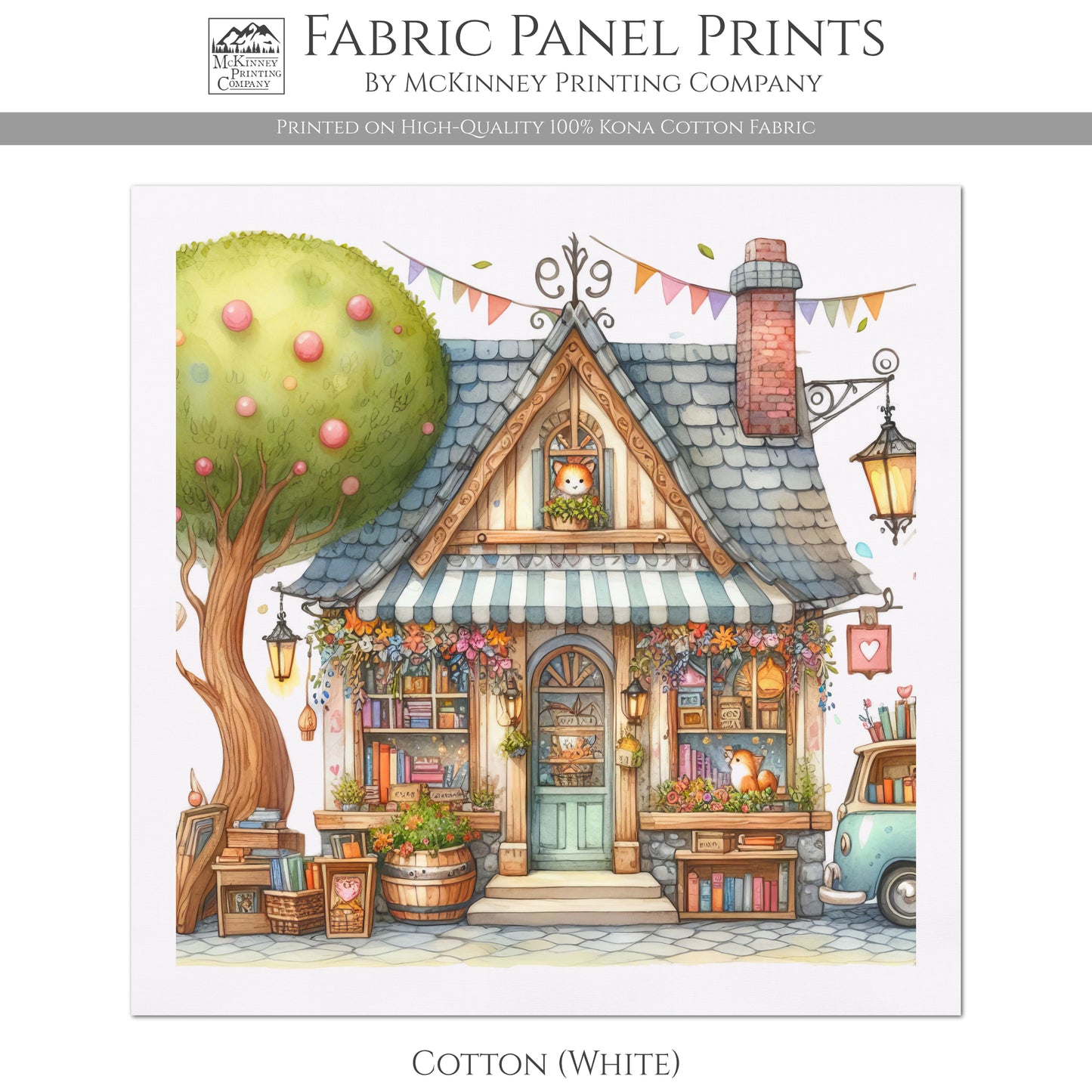 Baby Fabric - Book Store, Cottage, Nursery, Fabric Book Panel, Village, Infant, Sewing, Block Print, Cotton, Quilt