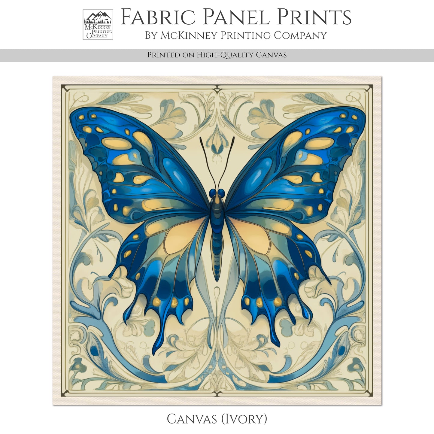 Art Nouveau Fabric - Butterfly Fabric, Blue, French Country, Panel, Shabby Chic, Décor, Quilt Block, Vintage, Wall Art, Cotton, Quilting