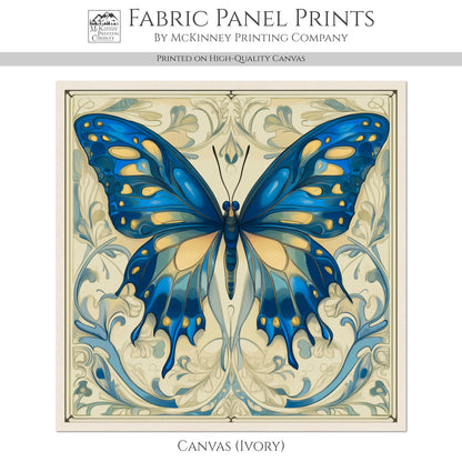 Art Nouveau Fabric - Butterfly Fabric, Blue, French Country, Panel, Shabby Chic, Décor, Quilt Block, Vintage, Wall Art, Cotton, Quilting