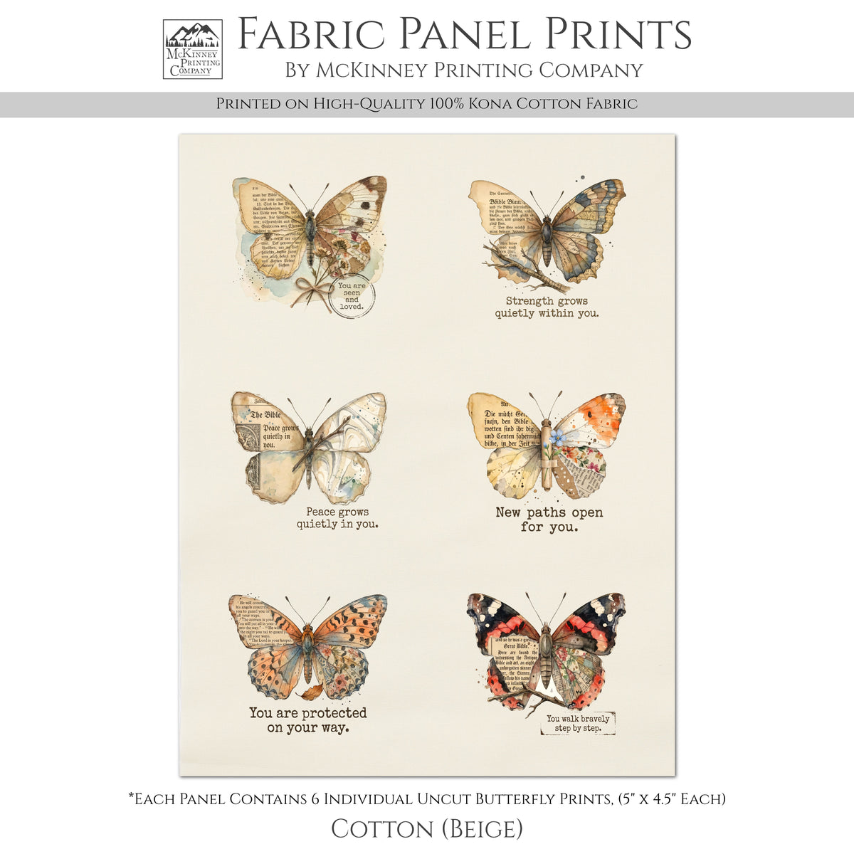 Butterfly Tags - Fabric Panel, Bible Verse, Christian, Quilt, Inspirational, Print, Cotton, Quilting, Crafts, Scrapbooking, Journal, Ephemera