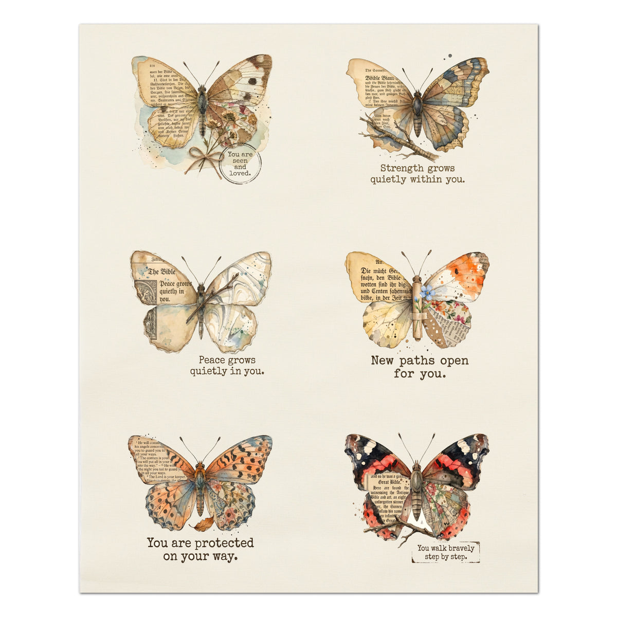 Butterfly Tags - Fabric Panel, Bible Verse, Christian, Quilt, Inspirational, Print, Cotton, Quilting, Crafts, Scrapbooking, Journal, Ephemera