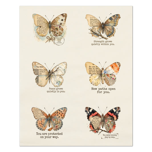 Butterfly Tags - Fabric Panel, Bible Verse, Christian, Quilt, Inspirational, Print, Cotton, Quilting, Crafts, Scrapbooking, Journal, Ephemera