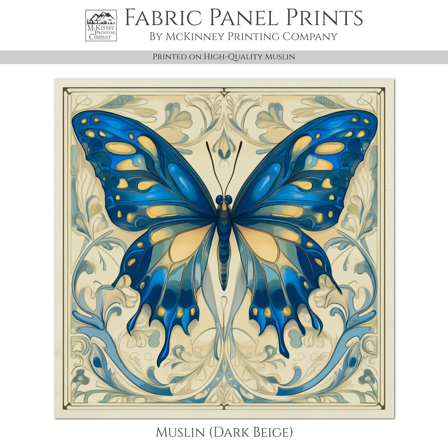 Art Nouveau Fabric - Butterfly Fabric, Blue, French Country, Panel, Shabby Chic, Décor, Quilt Block, Vintage, Wall Art, Cotton, Quilting