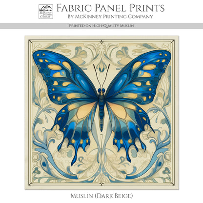 Art Nouveau Fabric - Butterfly Fabric, Blue, French Country, Panel, Shabby Chic, Décor, Quilt Block, Vintage, Wall Art, Cotton, Quilting