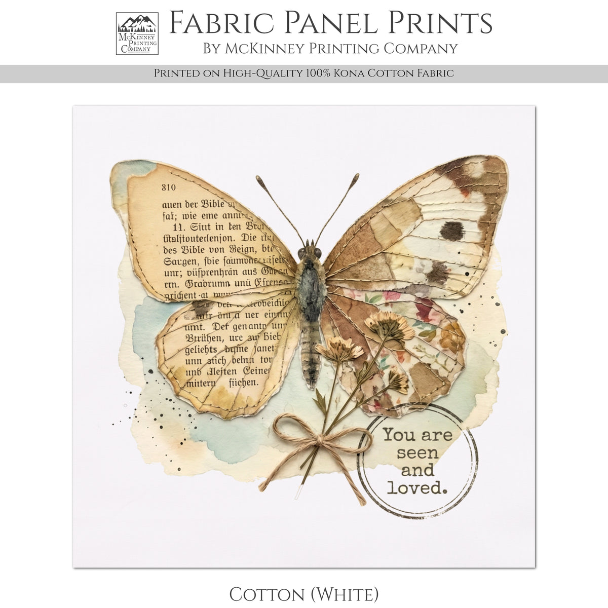 Butterfly Print Fabric - Shabby Chic, Christian, Bible Verse, Floral, French Country, Vintage, Inspirational, Quilt Block
