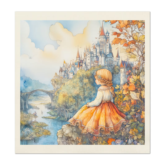 Fairy Tale Painting - Fantasy Fabric, Castle, Cotton, Girl, Floral, Baby Fabric Panels, Nursery Décor, Quilt Block, Quilting