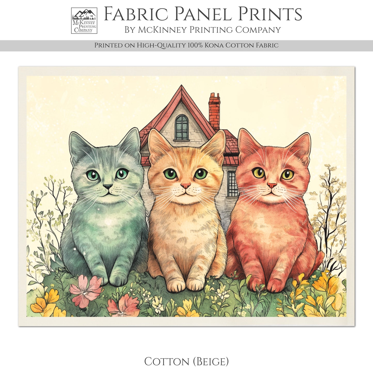 Cat Fabric - Spring Fabric Panel, Floral, Cat Mom, Street Cats, Cotton, Canvas, Quilt Block, Wall Art