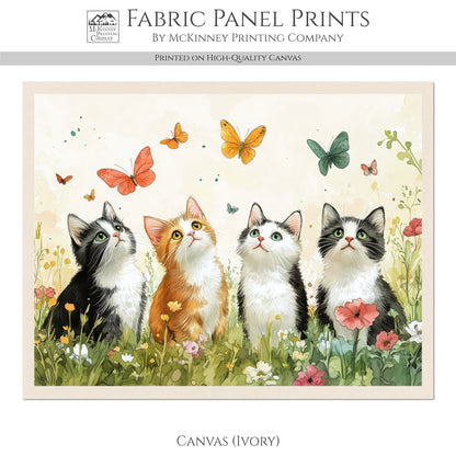 Cat Fabric Panel - Spring Fabric Panel, Floral, Butterfly, Watercolor, Black Cat, Cotton, Canvas, Quilt Block, Wall Art