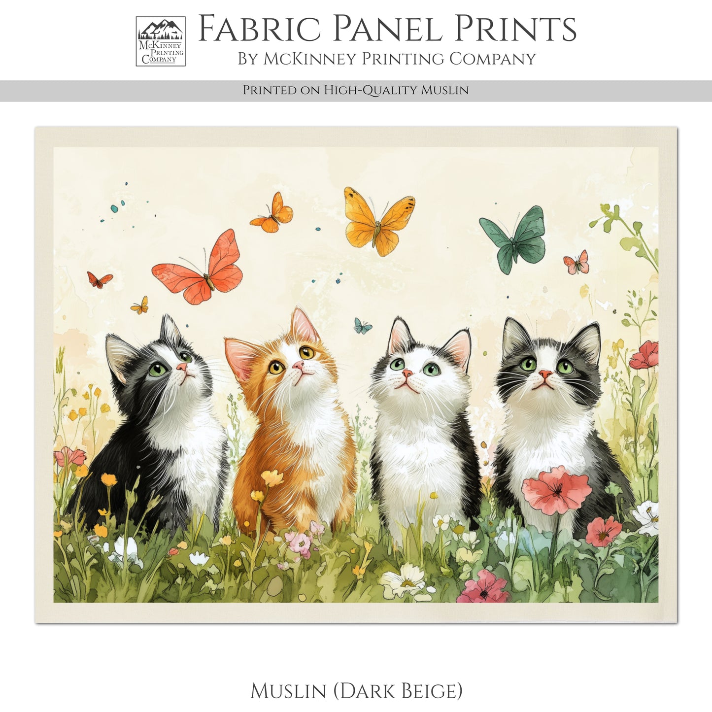 Cat Fabric Panel - Spring Fabric Panel, Floral, Butterfly, Watercolor, Black Cat, Cotton, Canvas, Quilt Block, Wall Art