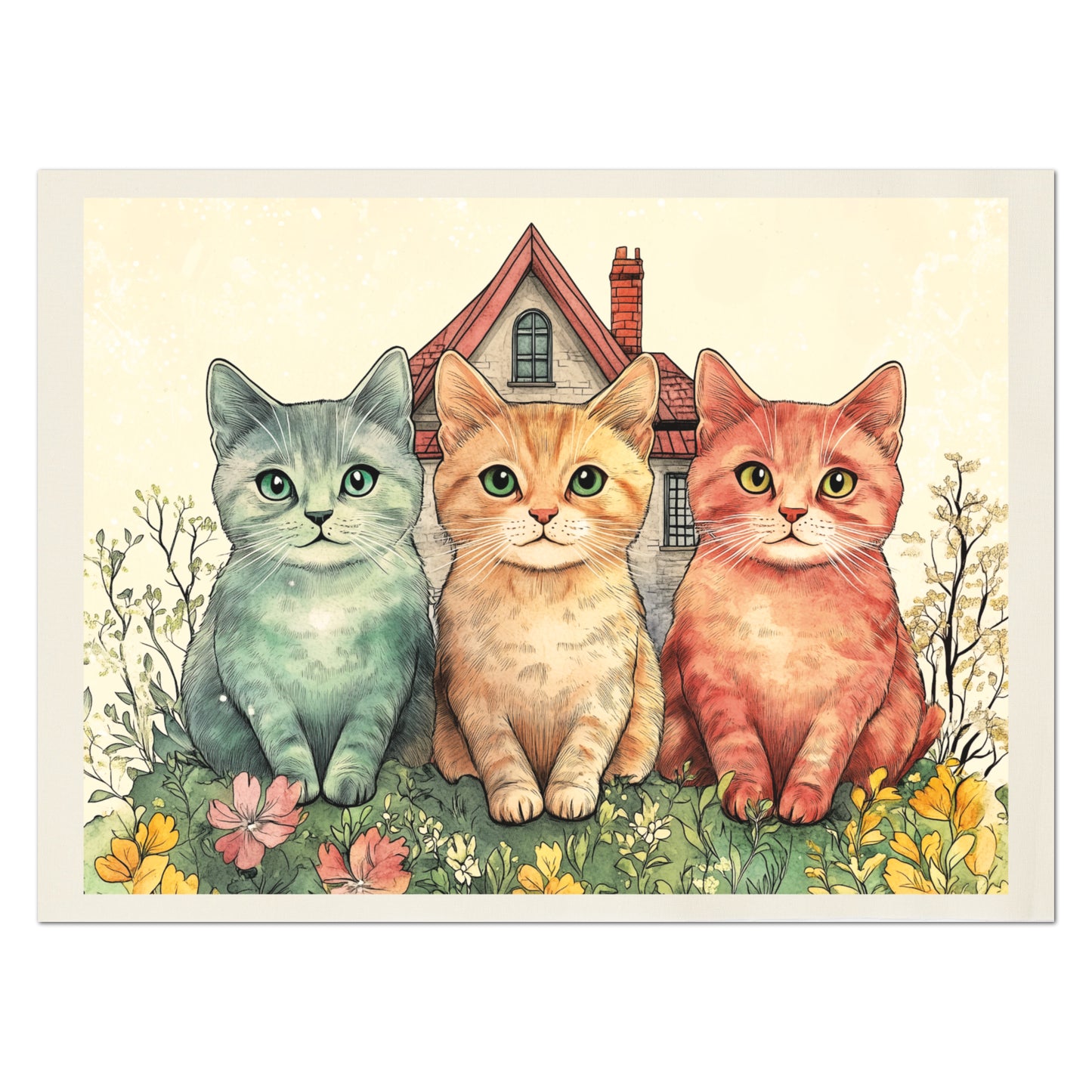Cat Fabric - Spring Fabric Panel, Floral, Cat Mom, Street Cats, Cotton, Canvas, Quilt Block, Wall Art