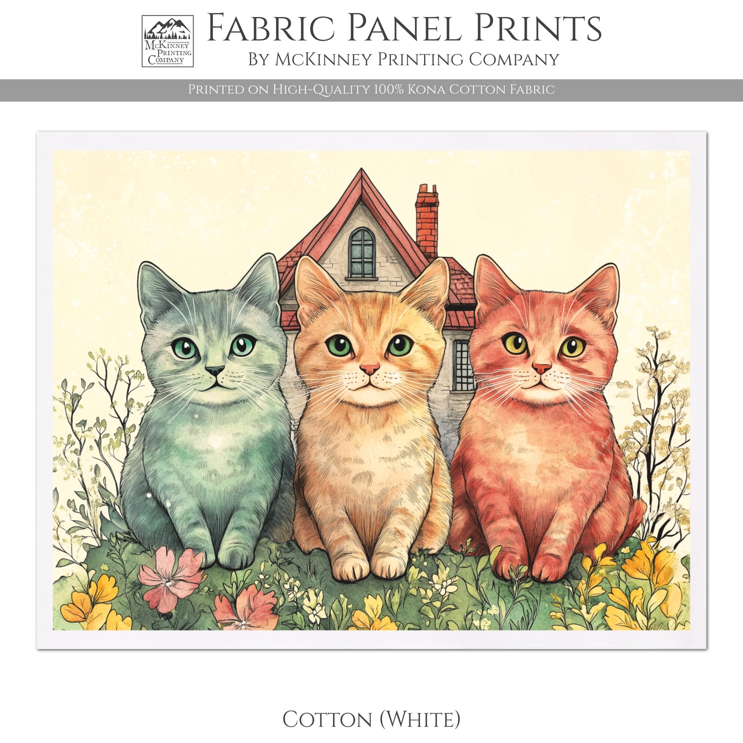 Cat Fabric - Spring Fabric Panel, Floral, Cat Mom, Street Cats, Cotton, Canvas, Quilt Block, Wall Art