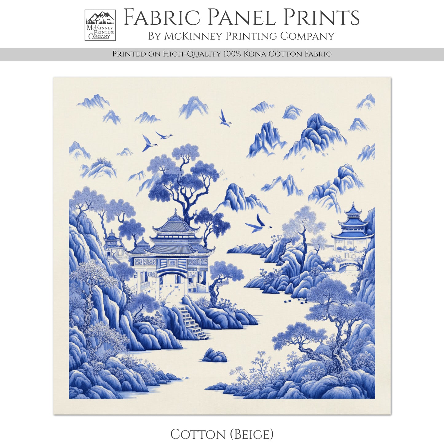 Chinoiserie Fabric - Blue, White, Botanical, Asian, Chinese, Floral, Décor, Wall Art, Block Print, Cotton, Quilting, Sewing