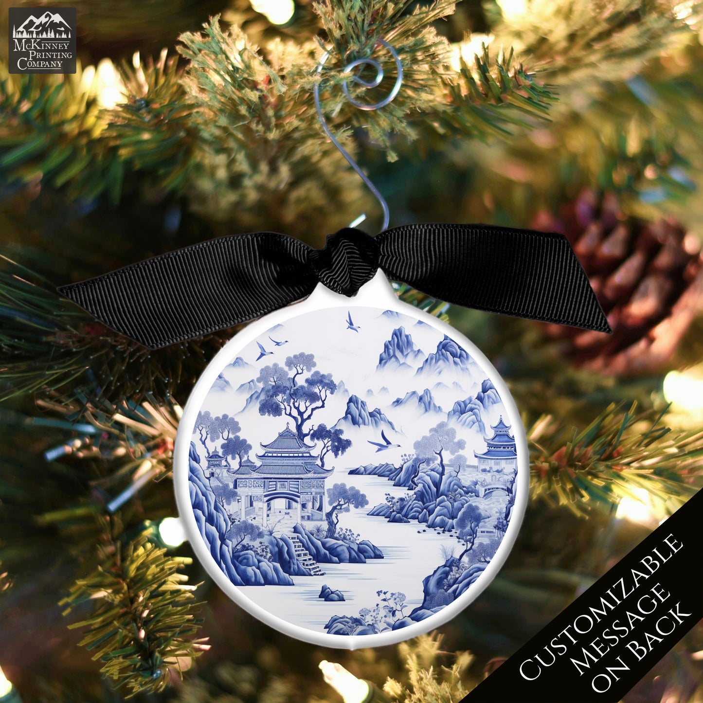 Chinoiserie - Christmas Ornament, Blue and White, Floral, Asian Art