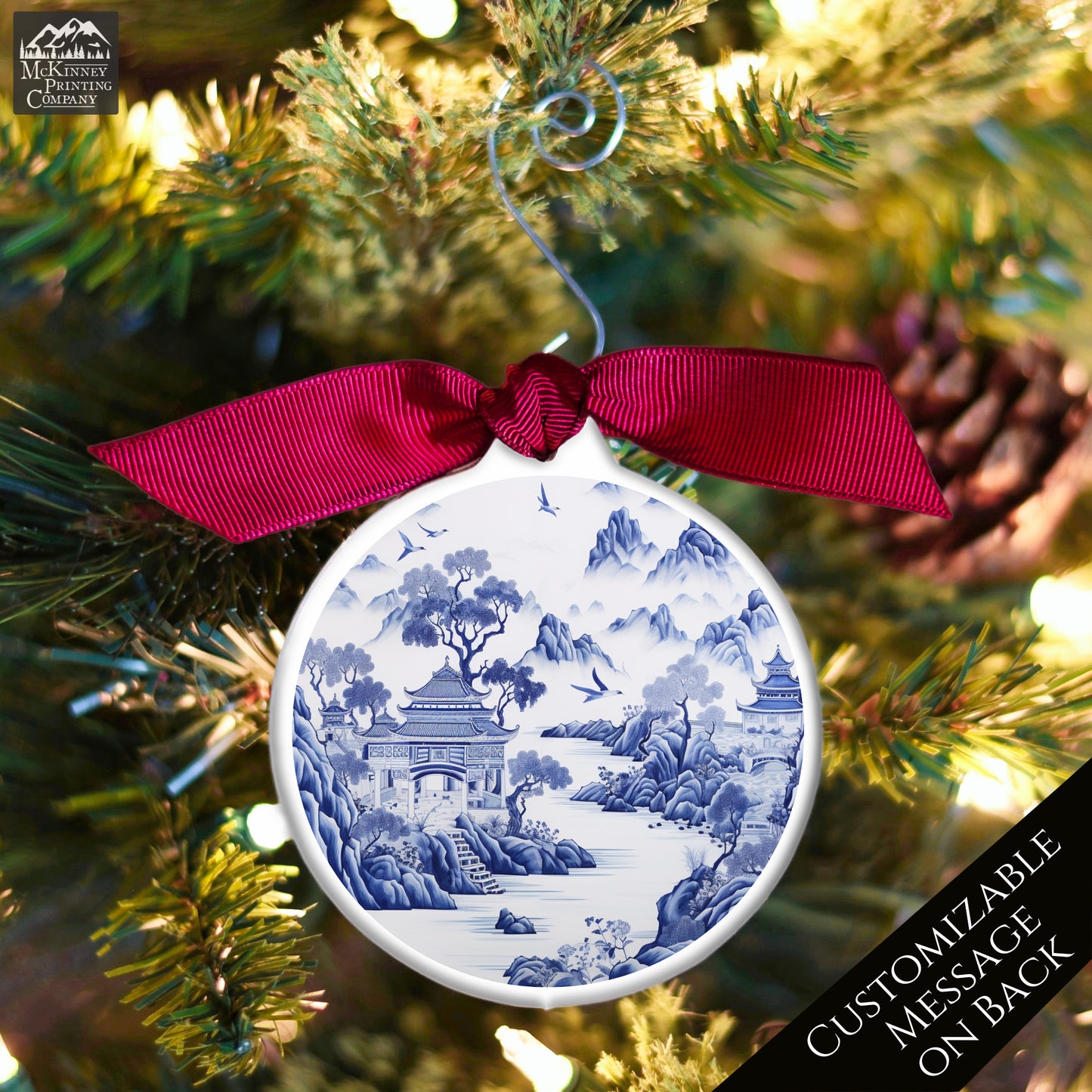 Chinoiserie - Christmas Ornament, Blue and White, Floral, Asian Art