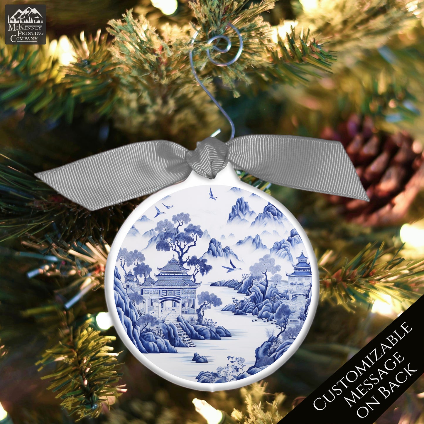 Chinoiserie - Christmas Ornament, Blue and White, Floral, Asian Art