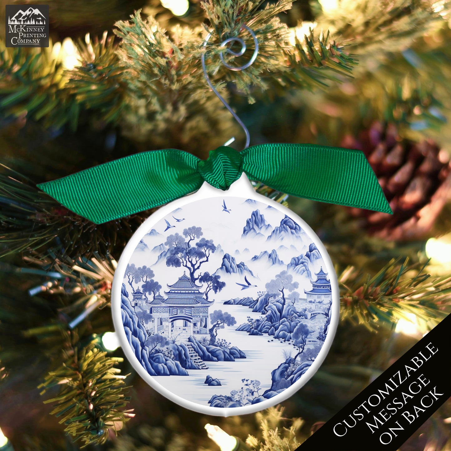 Chinoiserie - Christmas Ornament, Blue and White, Floral, Asian Art
