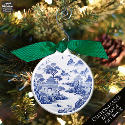 Chinoiserie - Christmas Ornament, Blue and White, Floral, Asian Art