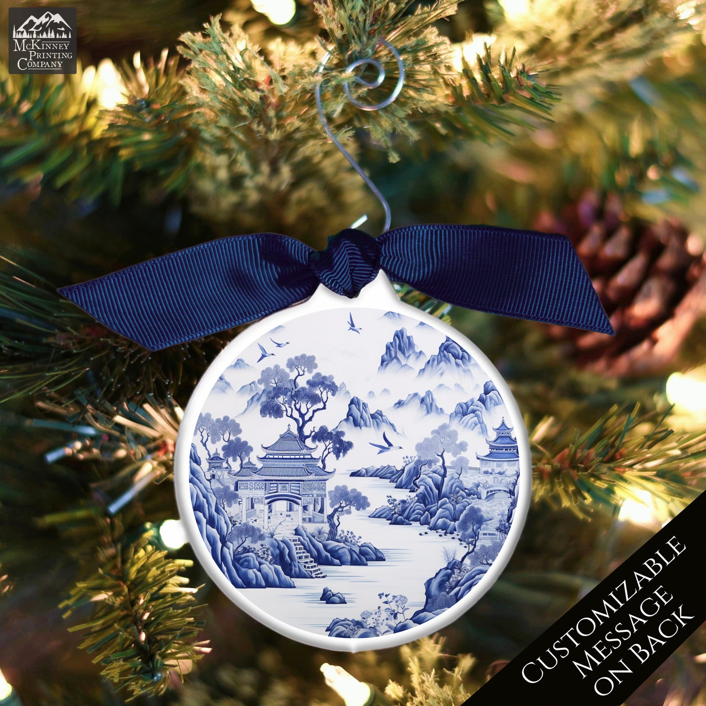 Chinoiserie - Christmas Ornament, Blue and White, Floral, Asian Art