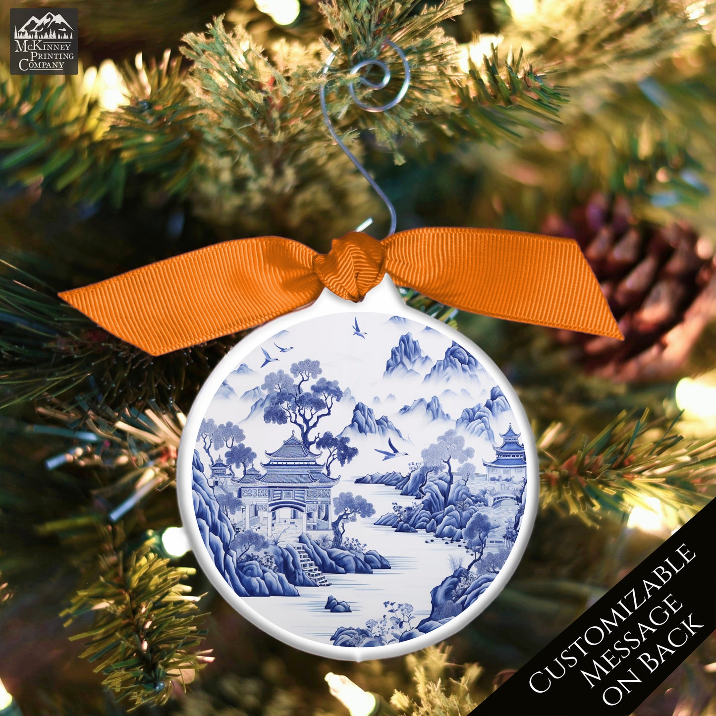 Chinoiserie - Christmas Ornament, Blue and White, Floral, Asian Art