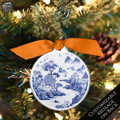 Chinoiserie - Christmas Ornament, Blue and White, Floral, Asian Art