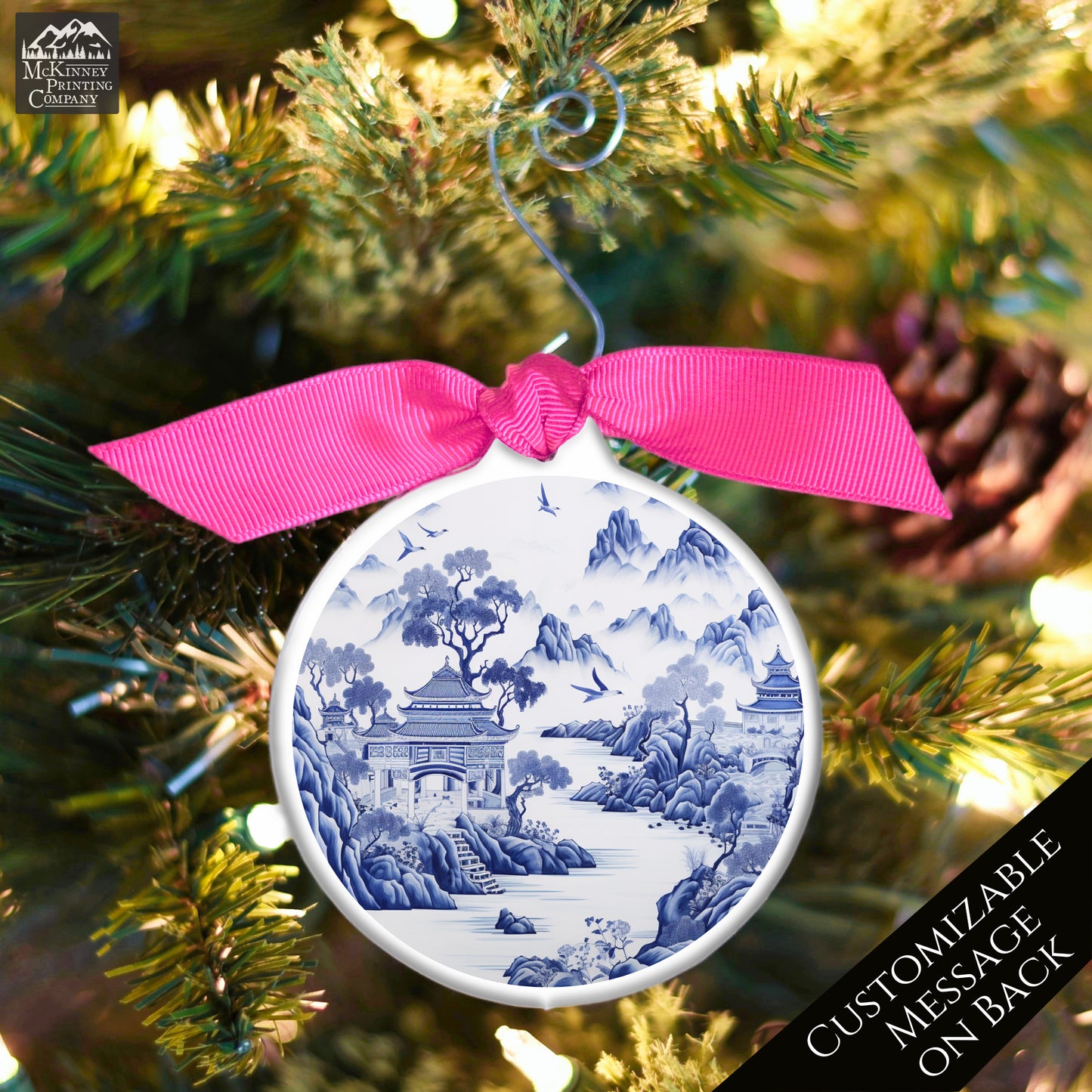 Chinoiserie - Christmas Ornament, Blue and White, Floral, Asian Art