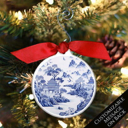 Chinoiserie - Christmas Ornament, Blue and White, Floral, Asian Art
