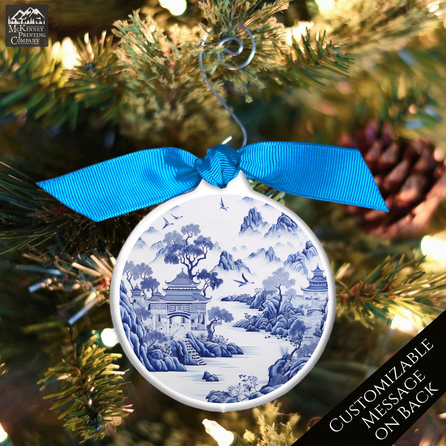 Chinoiserie - Christmas Ornament, Blue and White, Floral, Asian Art
