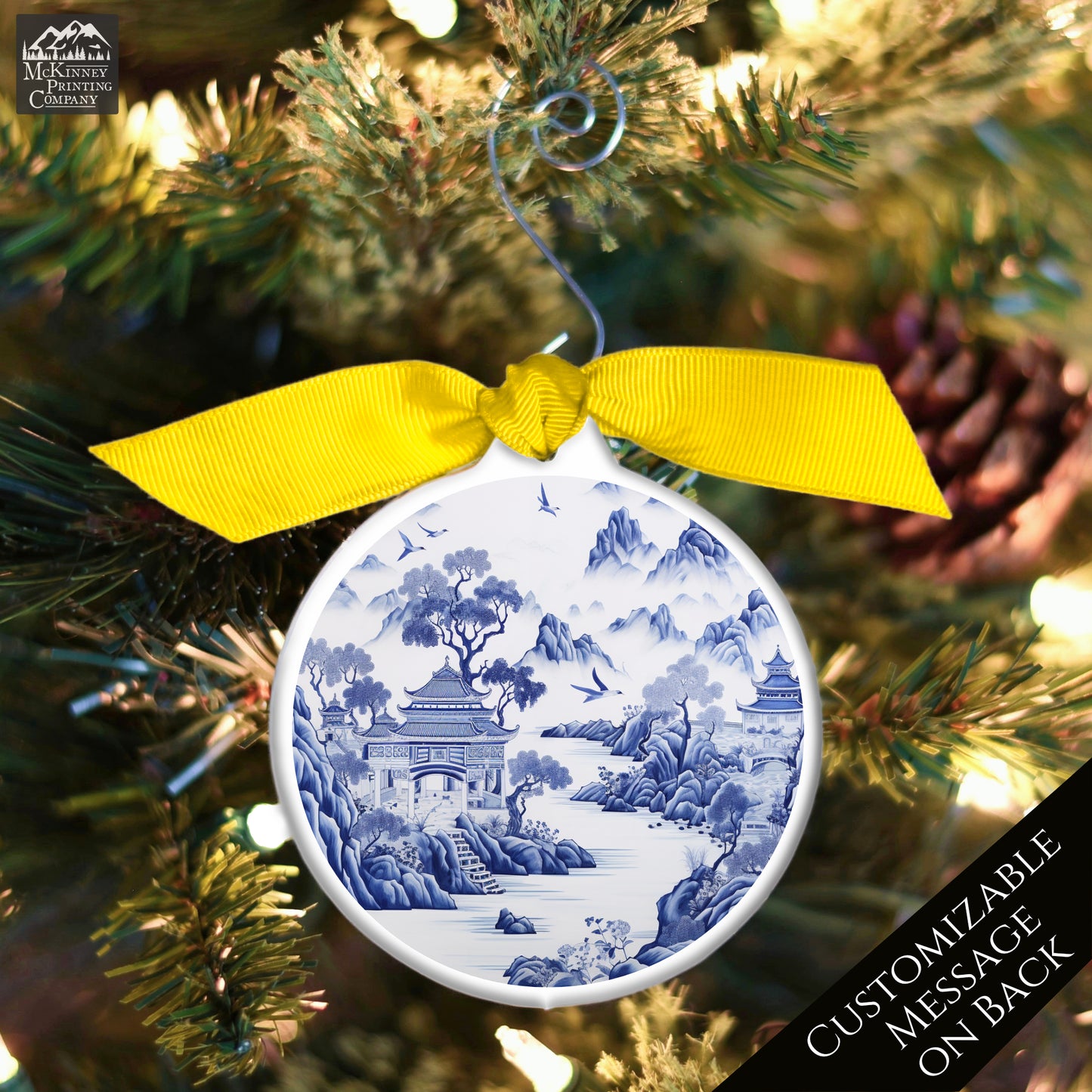 Chinoiserie - Christmas Ornament, Blue and White, Floral, Asian Art