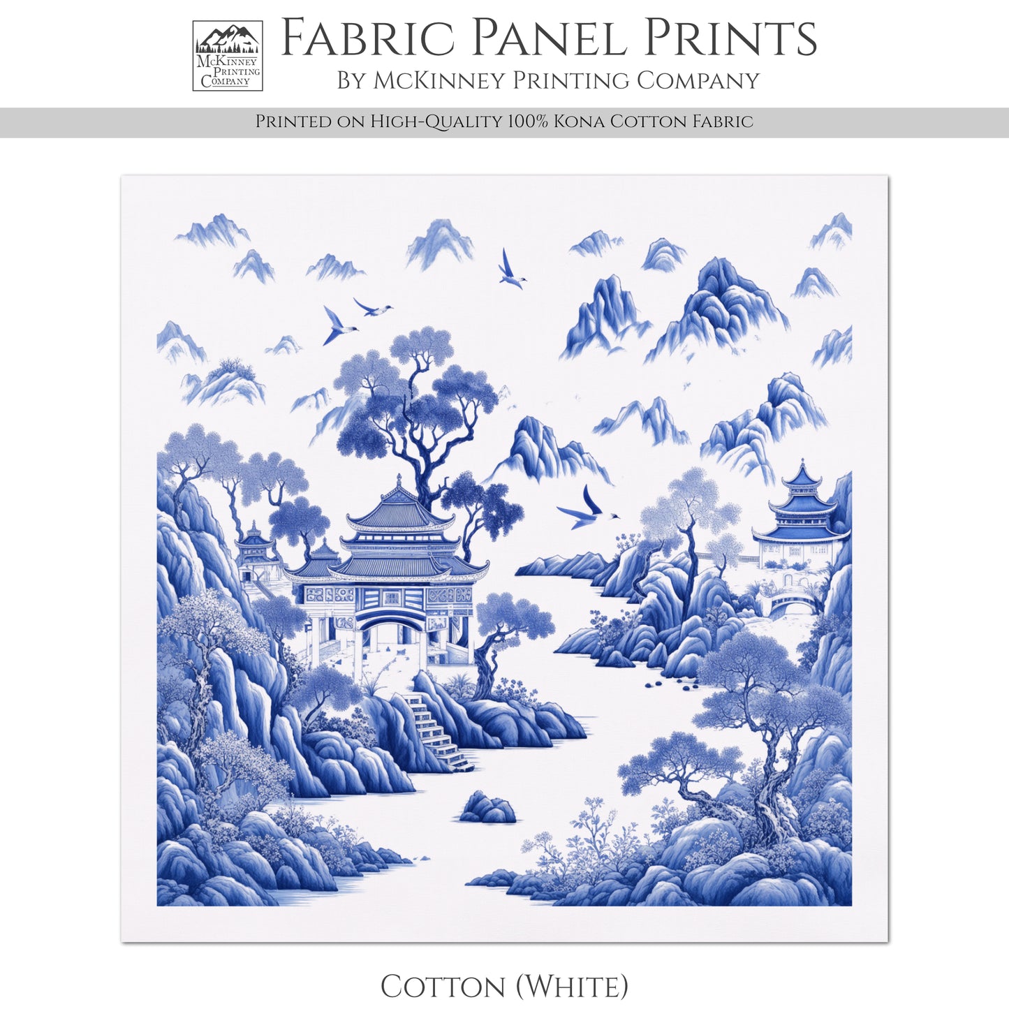 Chinoiserie Fabric - Blue, White, Botanical, Asian, Chinese, Floral, Décor, Wall Art, Block Print, Cotton, Quilting, Sewing