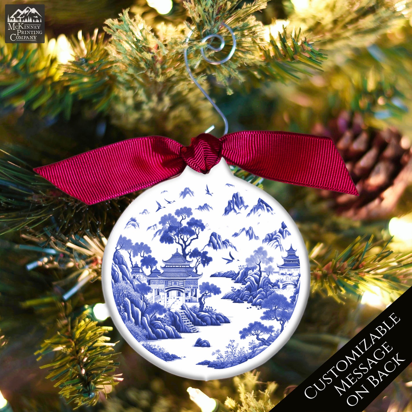 Chinoiserie Christmas - Ornament, Print, Blue and White, Chinese, Asian Decor, Porcelain, Ceramic, Mahjong, Gift, Personalized