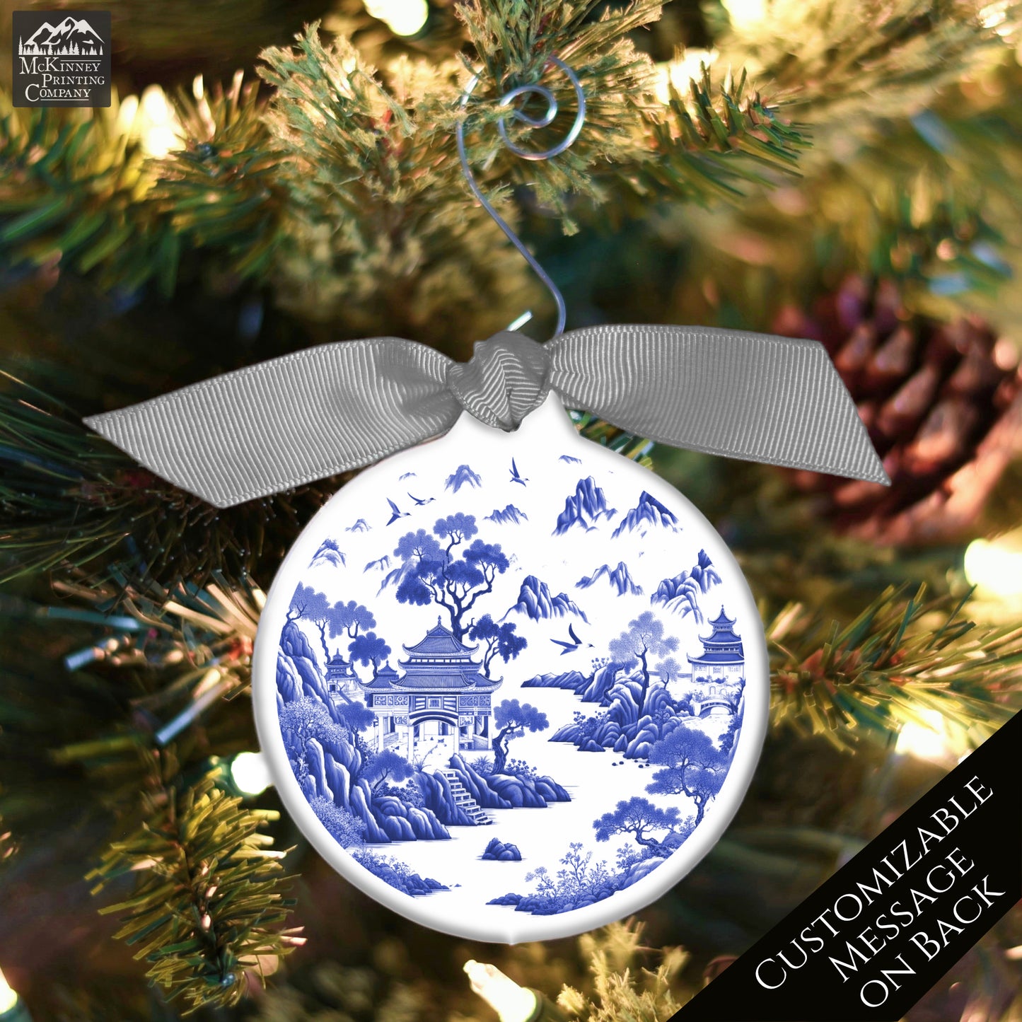 Chinoiserie Christmas - Ornament, Print, Blue and White, Chinese, Asian Decor, Porcelain, Ceramic, Mahjong, Gift, Personalized