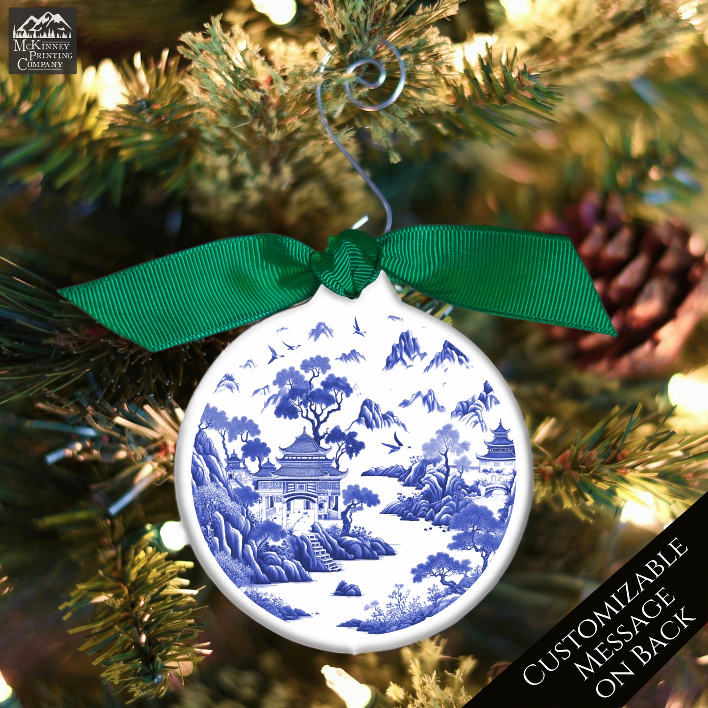 Chinoiserie Christmas - Ornament, Print, Blue and White, Chinese, Asian Decor, Porcelain, Ceramic, Mahjong, Gift, Personalized