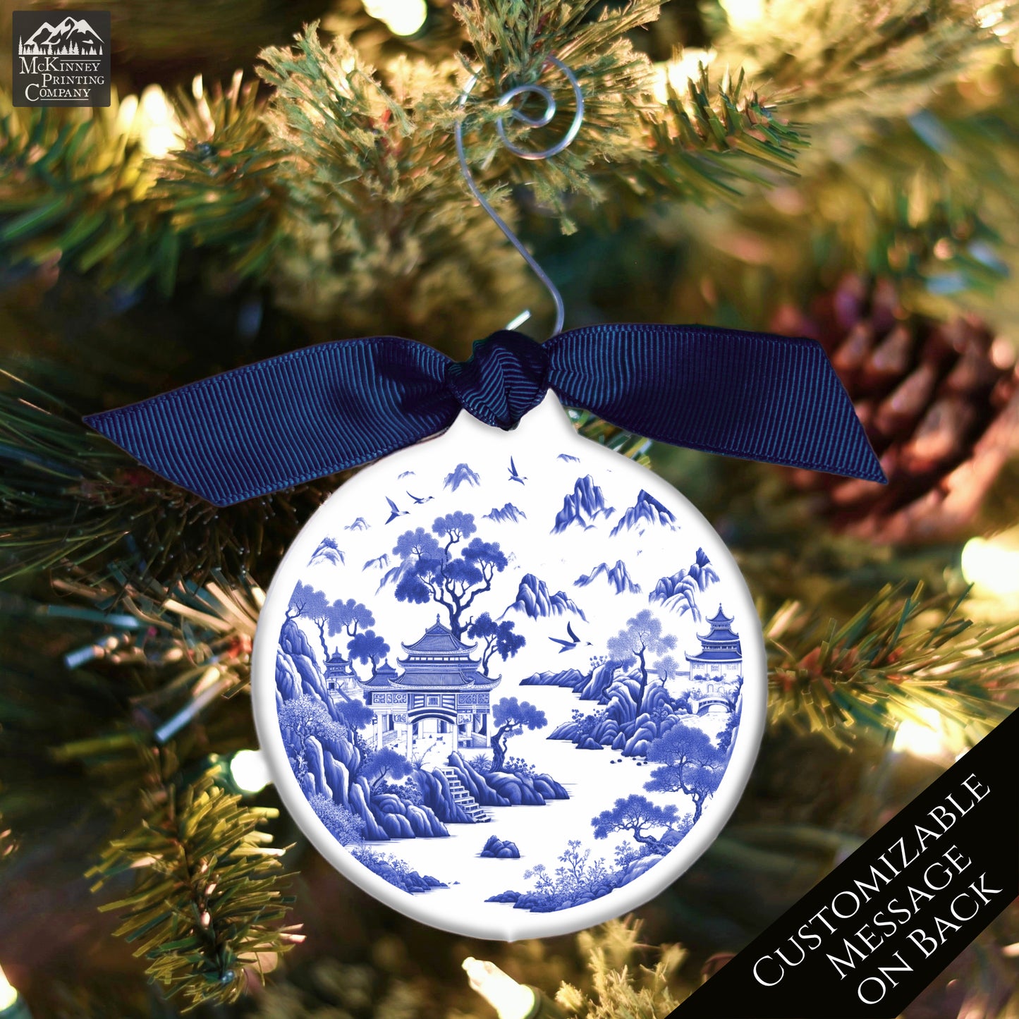 Chinoiserie Christmas - Ornament, Print, Blue and White, Chinese, Asian Decor, Porcelain, Ceramic, Mahjong, Gift, Personalized