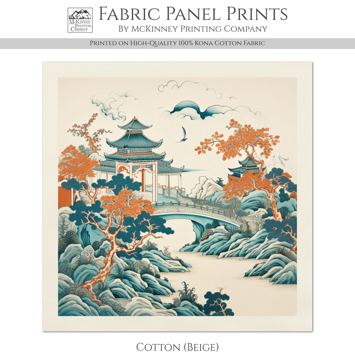 Chinoiserie Fabric - Green, Botanical, Asian, Chinese, Floral, Décor, Wall Art, Block Print, Cotton, Quilting, Sewing