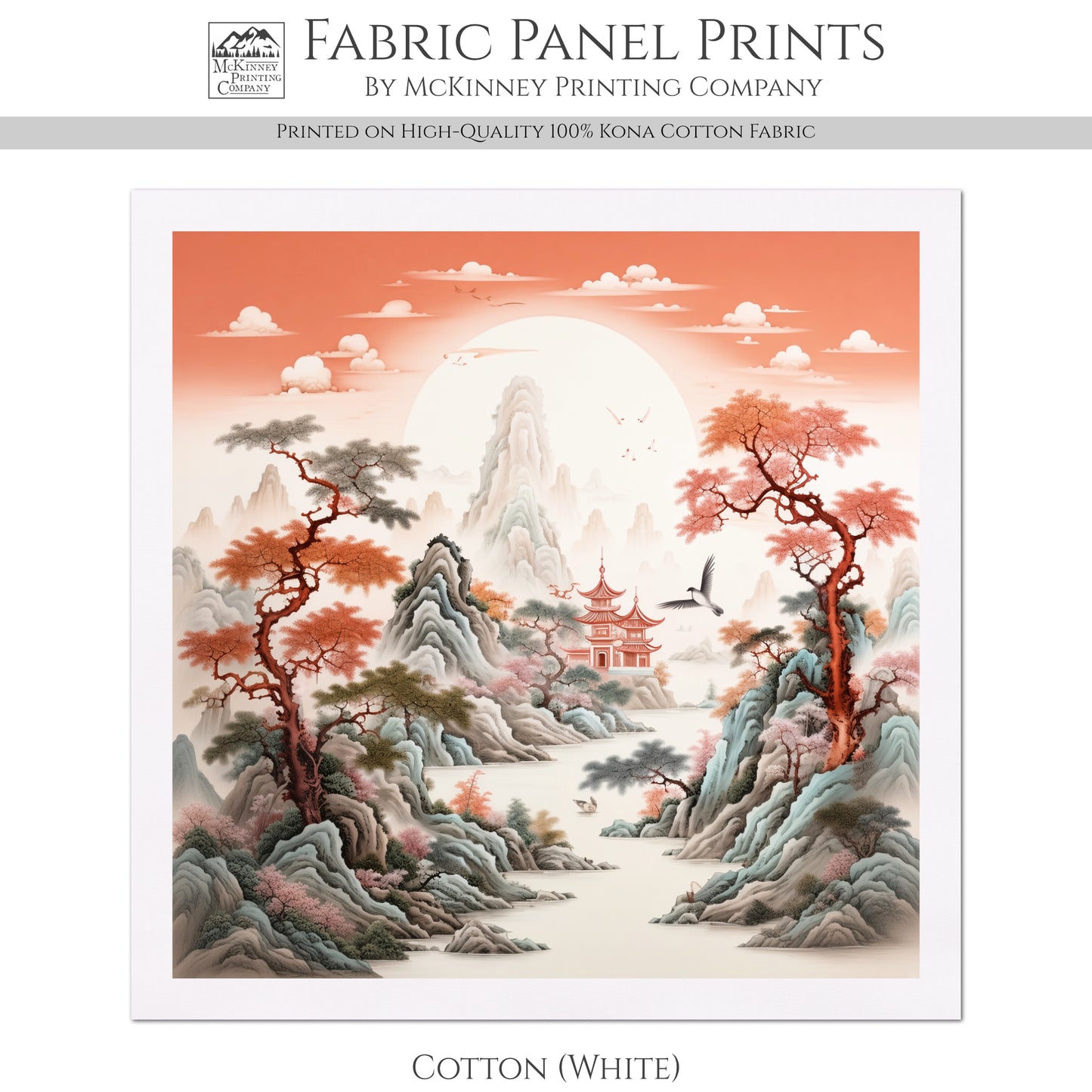 Chinoiserie Fabric - Red, Botanical, Asian, Chinese, Floral, Décor, Wall Art, Block Print, Cotton, Quilting, Sewing