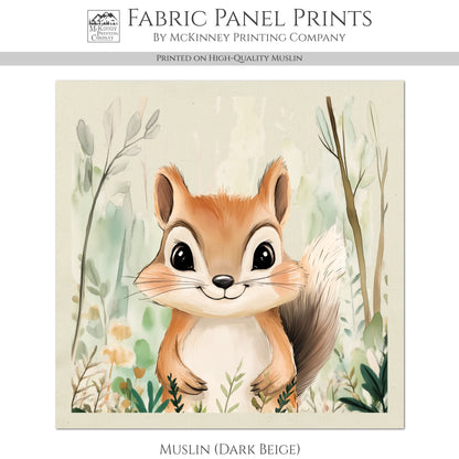 Woodland Animal Fabric - Chipmunk, Baby Fabric Panels, Forest, Nursery Décor, Quilt Block, Wall Art, Cotton, Quilting