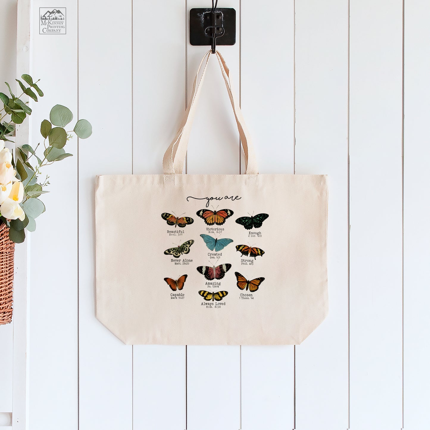 Butterfly Tote Bag with Bible Verses, Scripture, Inspirational