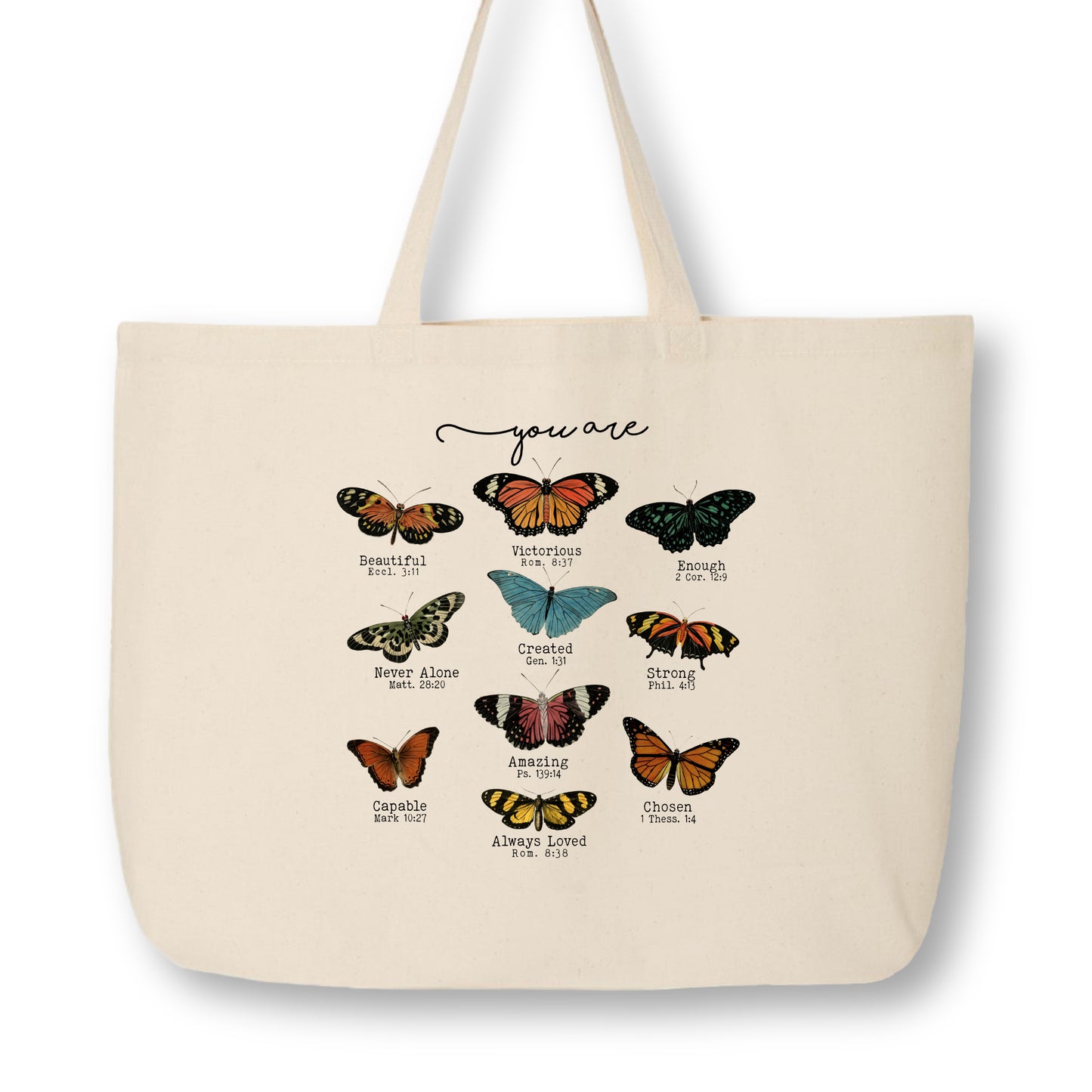 Butterfly Tote Bag with Bible Verses, Scripture, Inspirational