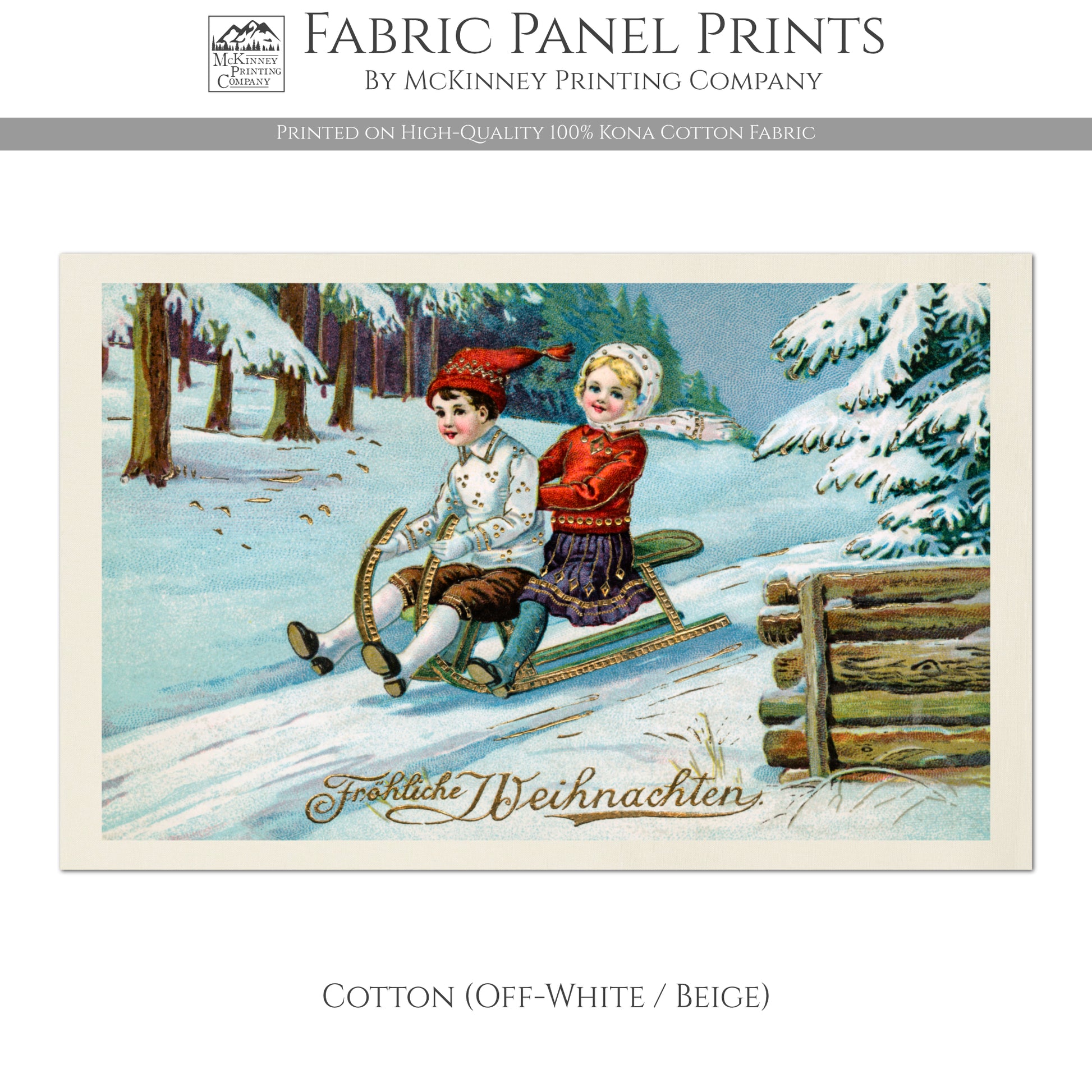 Children Sledding, Christmas Fabric Panel, Victorian Decor, Antique, Vintage, Fabric Panel Print - Cotton