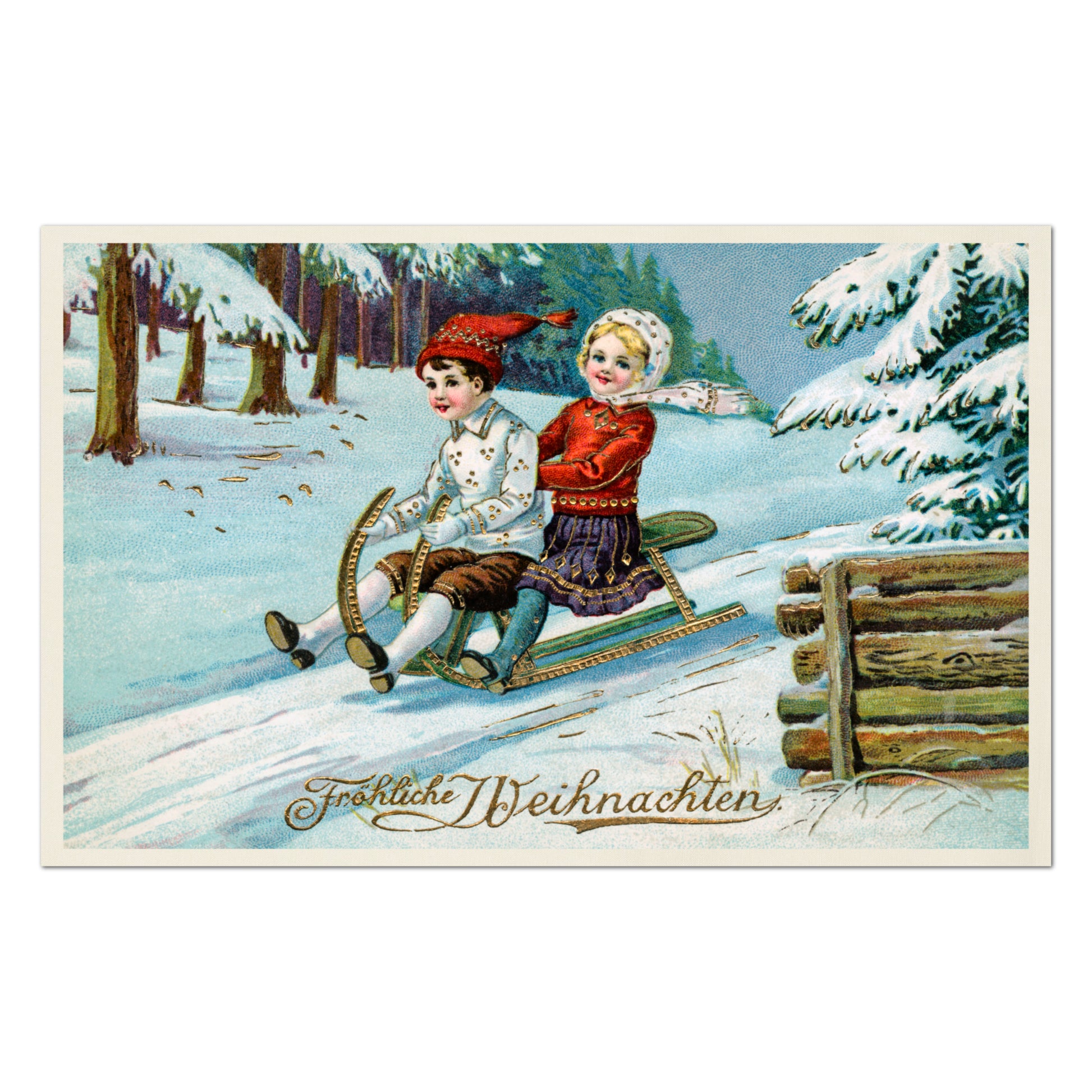 Children Sledding, Christmas Fabric Panel, Victorian Decor, Antique, Vintage, Fabric Panel Print