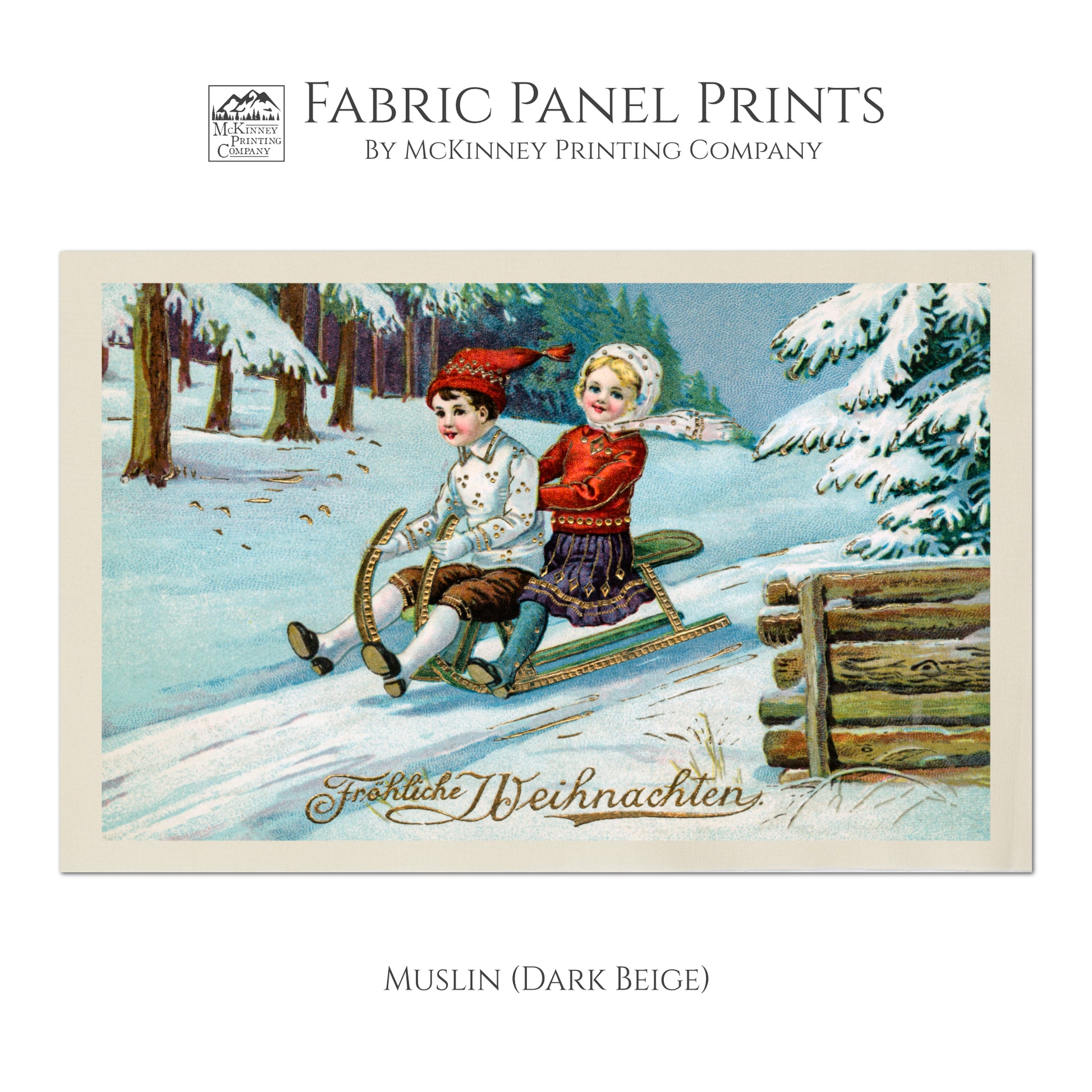 Children Sledding, Christmas Fabric Panel, Victorian Decor, Antique, Vintage, Fabric Panel Print - Muslin