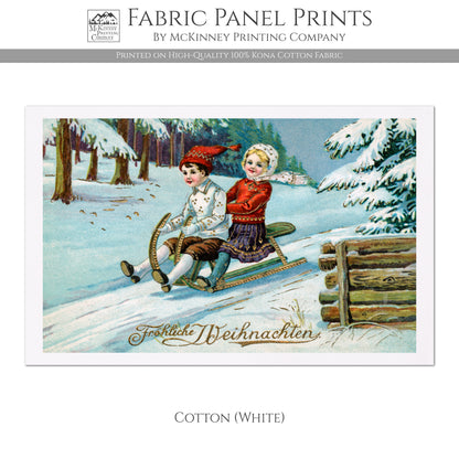 Children Sledding, Christmas Fabric Panel, Victorian Decor, Antique, Vintage, Fabric Panel Print - Cotton, White