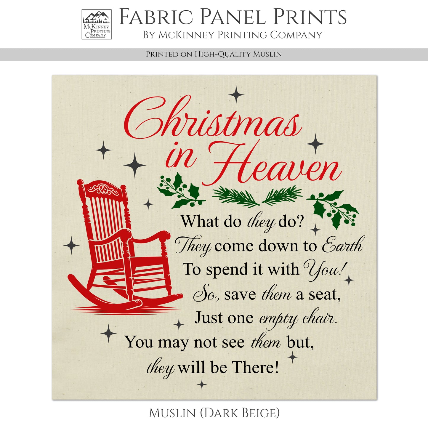 Christmas In Heaven - Memorial, Sympathy Gift, Christmas Fabric Panel, Loss of Mother, Cotton, Large Print Fabric, Block Print