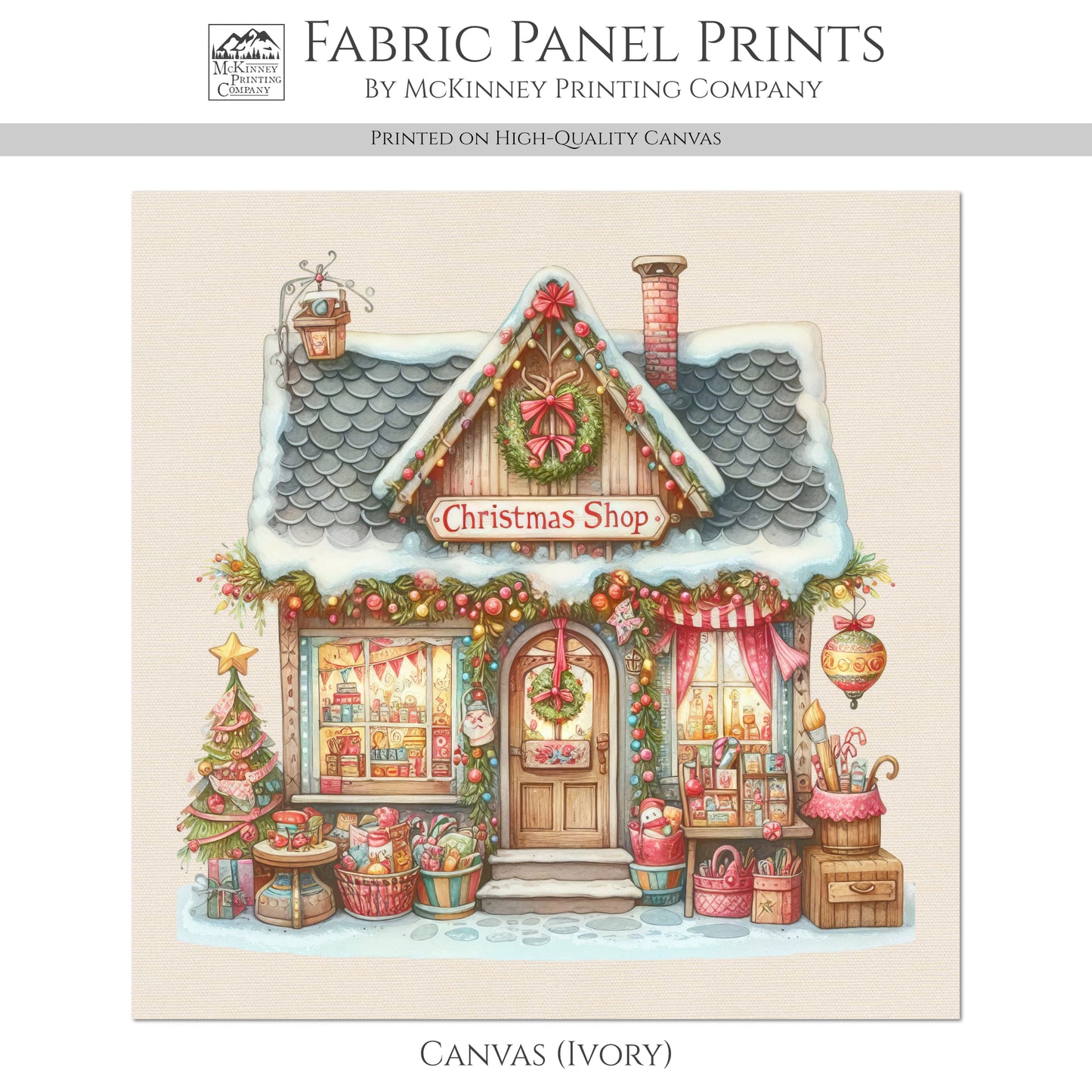 Christmas Fabric Panel - Christmas Village, House Décor, Holliday, Shop, Quilt Block, Cotton, Quilting, Wall Art