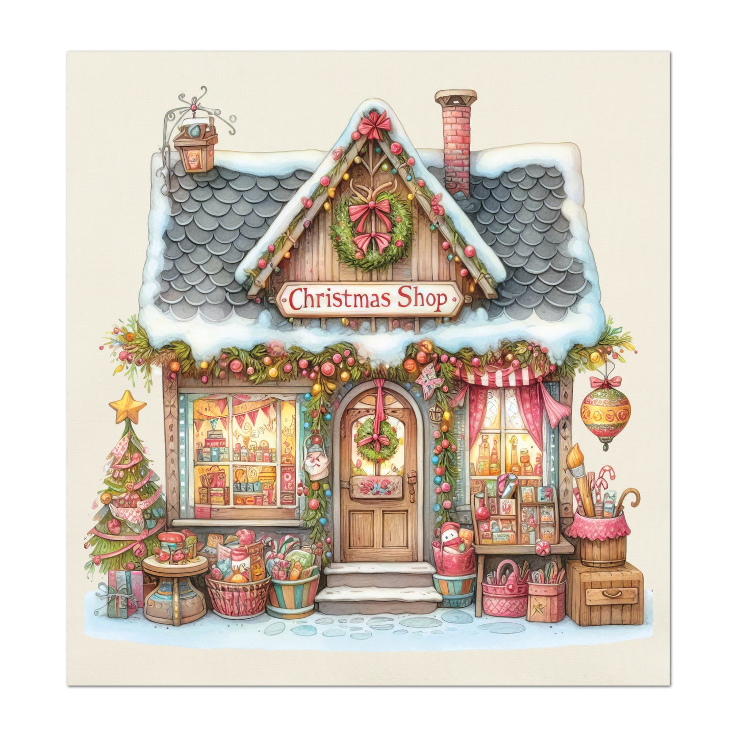 Christmas Fabric Panel - Christmas Village, House Décor, Holliday, Shop, Quilt Block, Cotton, Quilting, Wall Art