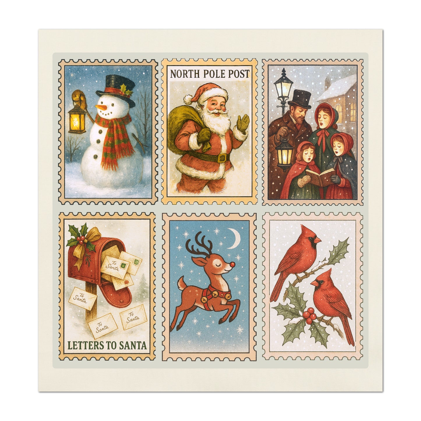 Christmas Fabric Panel - Christmas Stamps, Santa, Cotton, Block Print, Quilting, Quilt, Wall Art, Sewing