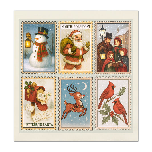 Christmas Fabric Panel - Christmas Stamps, Santa, Cotton, Block Print, Quilting, Quilt, Wall Art, Sewing