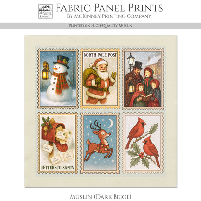 Christmas Fabric Panel - Christmas Stamps, Santa, Cotton, Block Print, Quilting, Quilt, Wall Art, Sewing