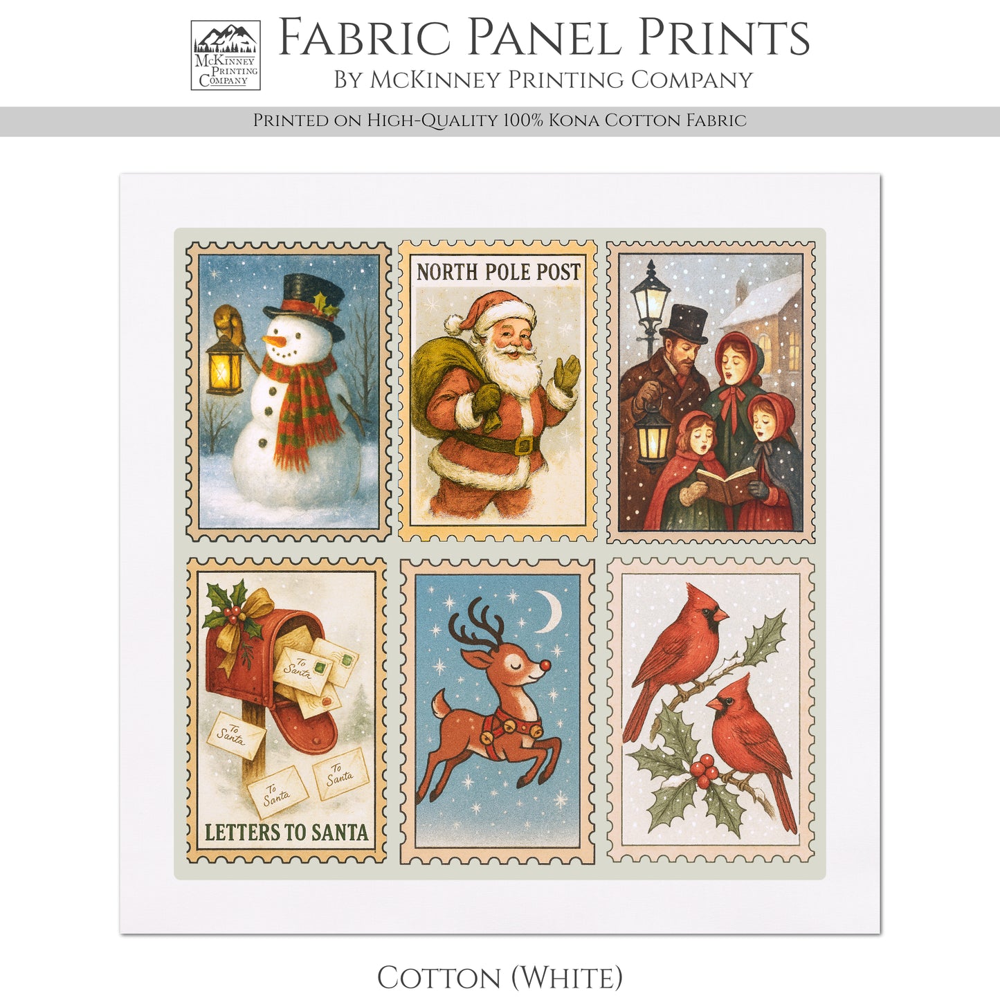 Christmas Fabric Panel - Christmas Stamps, Santa, Cotton, Block Print, Quilting, Quilt, Wall Art, Sewing